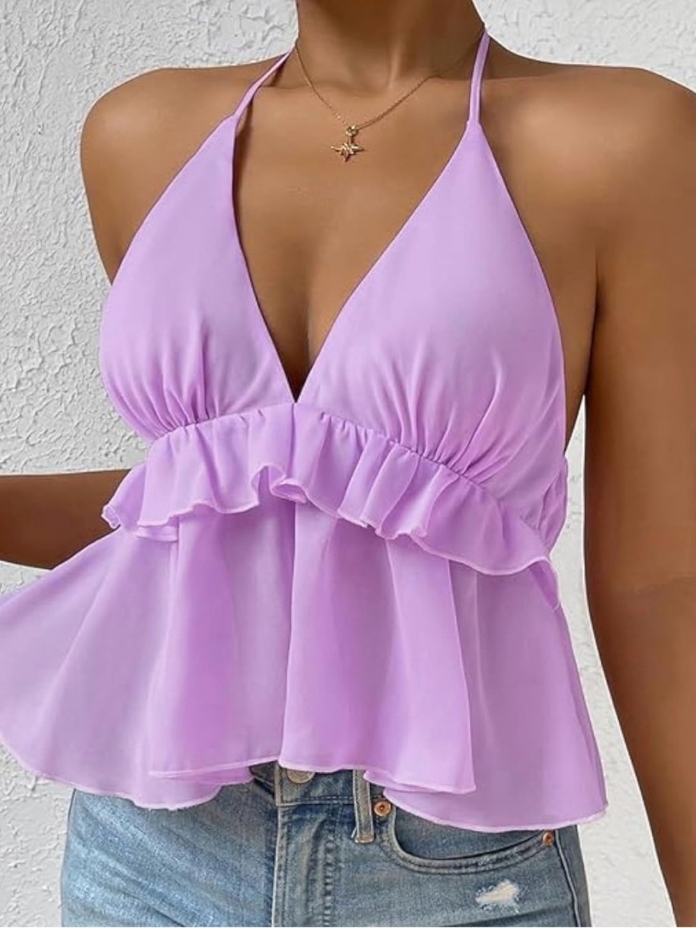 UUE Women's Purple Solid Halter V-Neck Ruffle Backless Tank Top, Size S